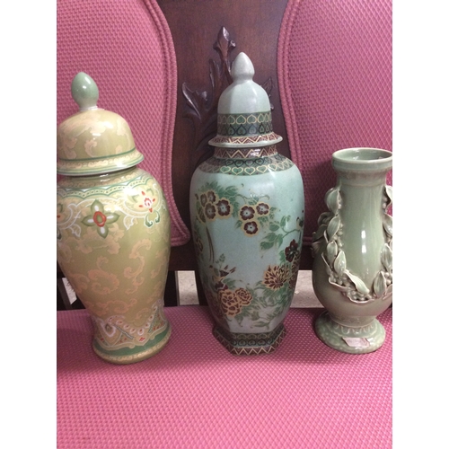 166 - 2 large temple jars and Chinese Vase.