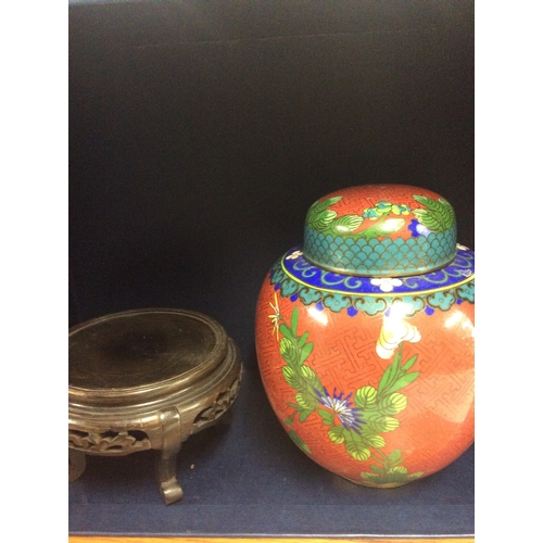 37 - Early Cloisonné temple Jar on wooden stand.