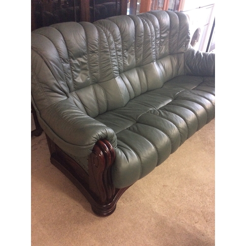 300 - 3 piece Green leather suite with wooden framing.