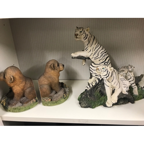 347 - Large White tiger group figure and bear bookends.