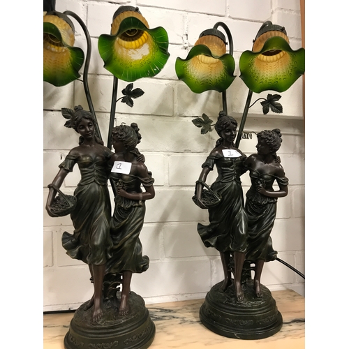 1 - Pair of Large figural  bronzes lady’s table lamps with shades.60cm in height .