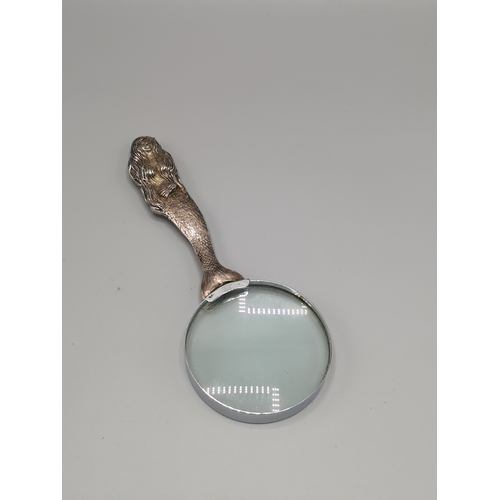 43 - White metal mermaid handled magnifier glass.