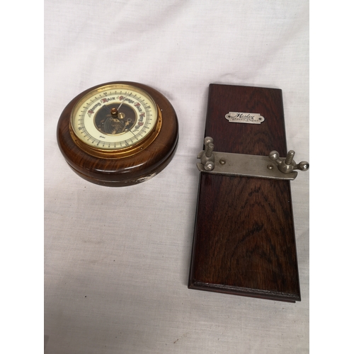 367 - Antique barelometer together with Mosley wonder press.