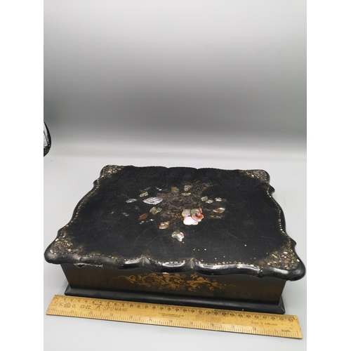 39 - Victorian black japanned writing slope with fitted interior and inkwell.