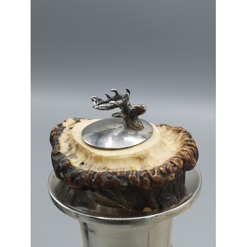 5 - Silver hall marked collard decanter with horn and silver hall marked arts and crafts deer stopper to... 