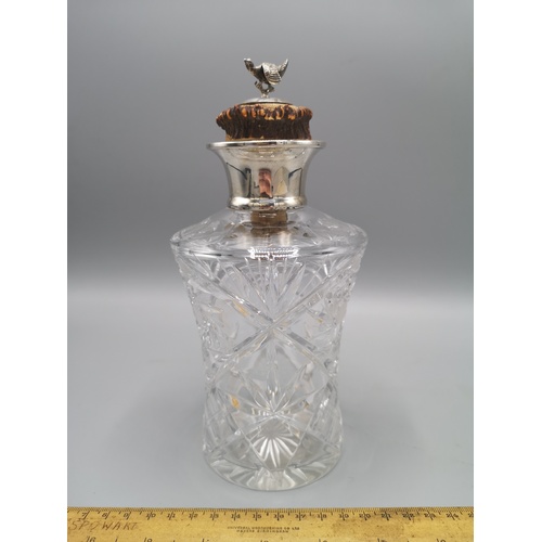 6 - Silver hall marked collard decanter with arts and crafts Horn and silver famous grouse stopper.