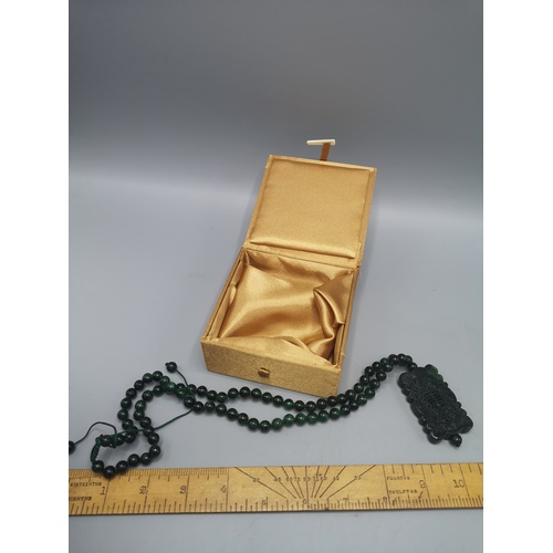 10a - Large rectangle dark jade pendant with beaded necklace 104 grams 60 - 80 cm in length in silk displa... 