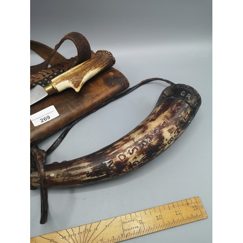 269 - Carved horn hunting horn together with large horn handled knife.