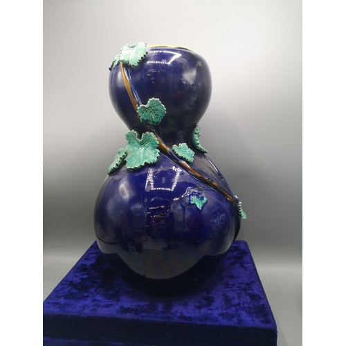 45 - 1900s large french blue porcelain vase with leaf design .