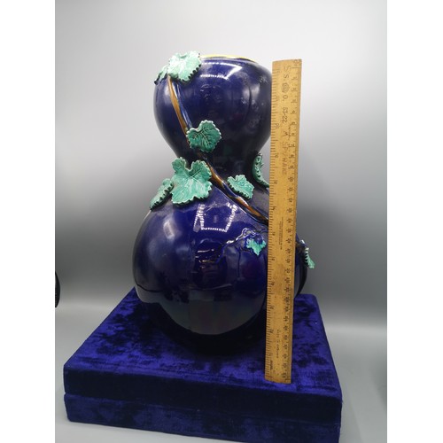 45 - 1900s large french blue porcelain vase with leaf design .