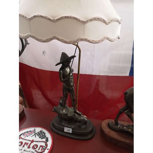 220 - Large bronze boy figural table lamp with cream shade stands 2ft in height . Signed to back.