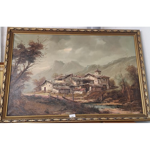 197A - Large oil painting of country side in oriental scene  signed Lucas . In a gilt frame . 88cm in lengt... 