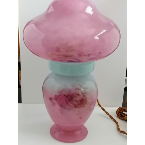 50 - Monart glass large scottish glass. Mushroom lamp with pink and green design.