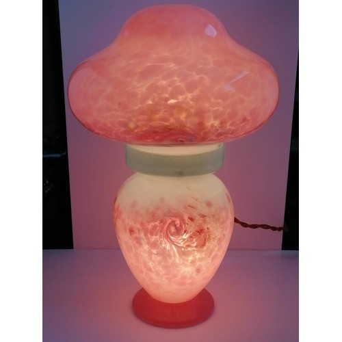 50 - Monart glass large scottish glass. Mushroom lamp with pink and green design.