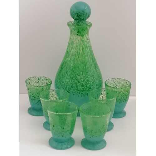 51 - Rare Monart Scottish glass decanter with 6 matching glasses in light green and dark green colouratio... 