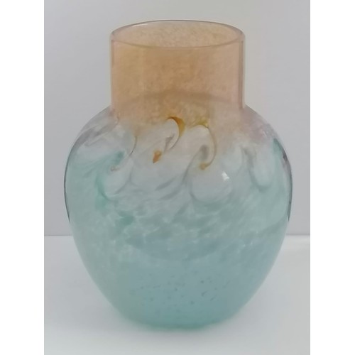 59 - Rare Monart Scottish glass vase with mint turquoise & gold swirls colourations.