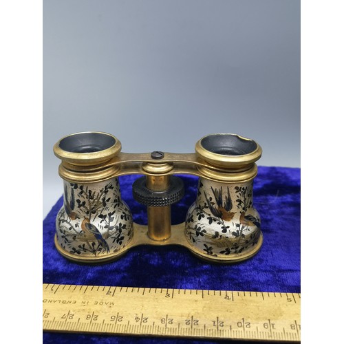 49 - Pair of Antique French opera glasses with hand painted design depicting birds.