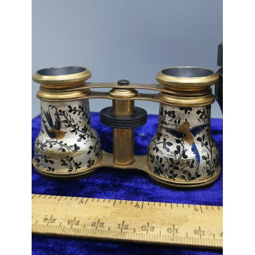 49 - Pair of Antique French opera glasses with hand painted design depicting birds.