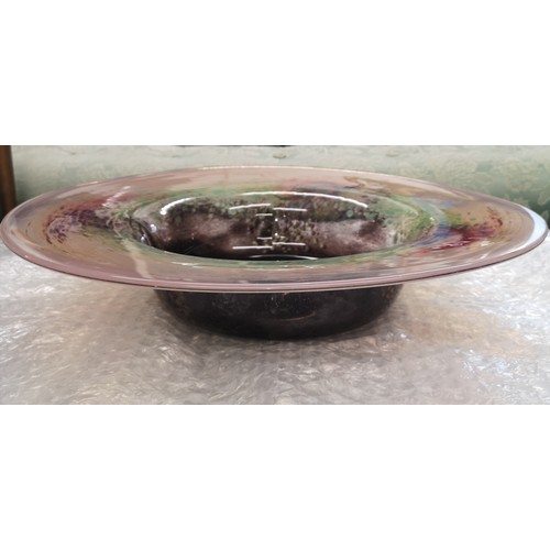 60 - Rare large monart bowl 49 cm in diameter 19 inch base is deep purple, purple pink greens with orange... 