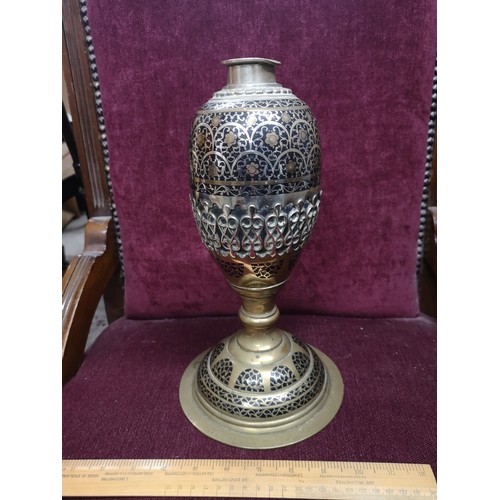 260 - Early Arabic brass, enamel and white metal vase. Stands 12 inches tall.