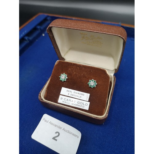 2 - 9ct Gold Diamond & Emerald Ear Rings In Original Box.