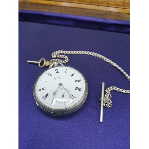 21 - Silver Hall marked gents open faced pocket watch with Albert chain and key, working order.