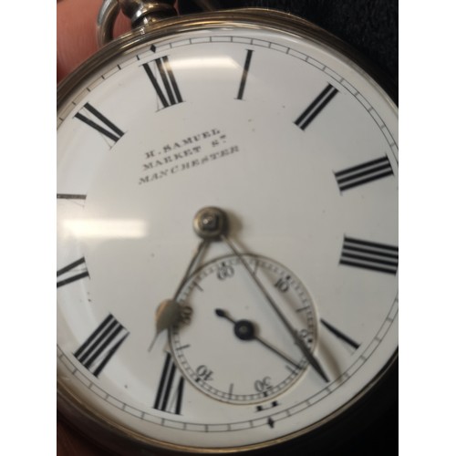 21 - Silver Hall marked gents open faced pocket watch with Albert chain and key, working order.