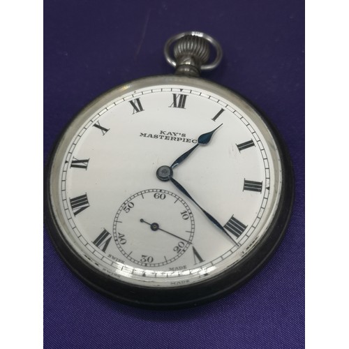 22 - Silver Hall marked kays master piece pocket watch in working order.