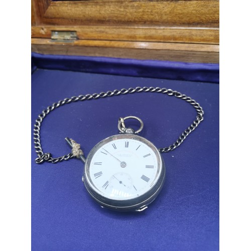 22a - Silver Hall marked pocket watch with albert chain.