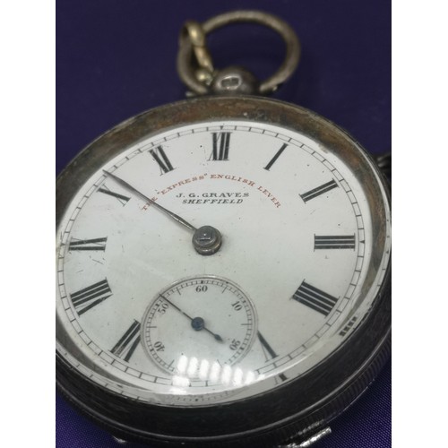 22a - Silver Hall marked pocket watch with albert chain.