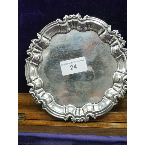 24 - Silver Hall marked sheffield card tray on 3 ball feet. 190 grams. Maker William Hutton & Sons Ltd.