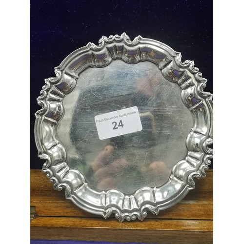 24 - Silver Hall marked sheffield card tray on 3 ball feet. 190 grams. Maker William Hutton & Sons Ltd.