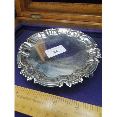 24 - Silver Hall marked sheffield card tray on 3 ball feet. 190 grams. Maker William Hutton & Sons Ltd.