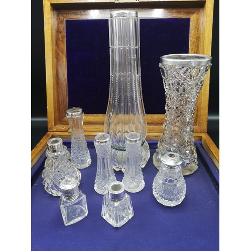 38 - Large collection of silver rimmed bud vases.