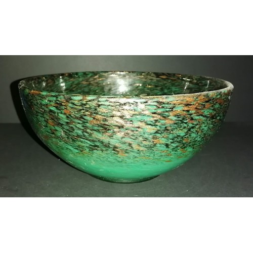 220 - Scottish Monart glass bowl in green, black and gold flakes adverturine 12cms Height 23 Cms Diameter.