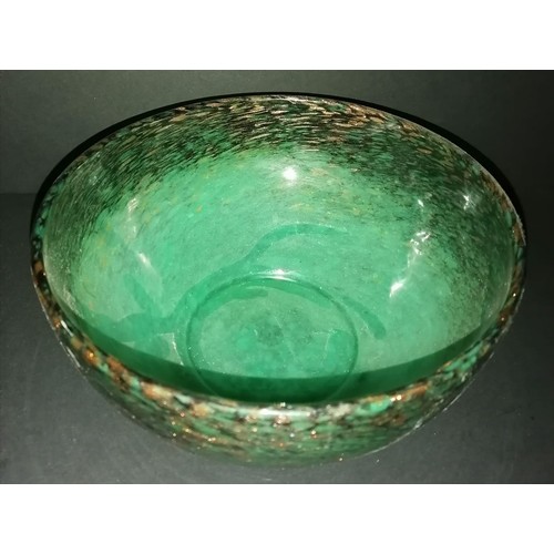 220 - Scottish Monart glass bowl in green, black and gold flakes adverturine 12cms Height 23 Cms Diameter.