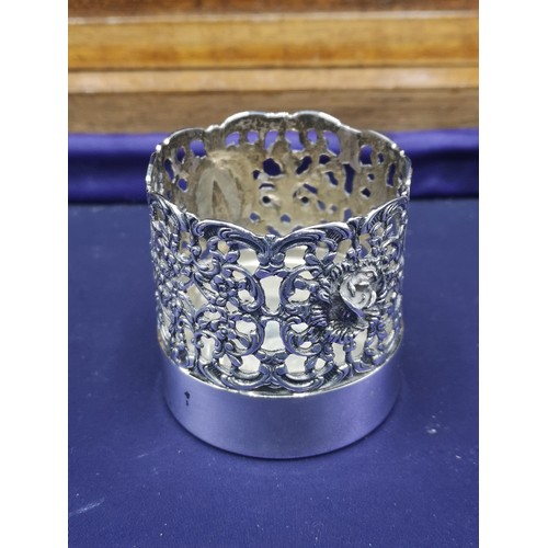 18 - Silver Hall marked cup holder Pierced Floral Pattern.