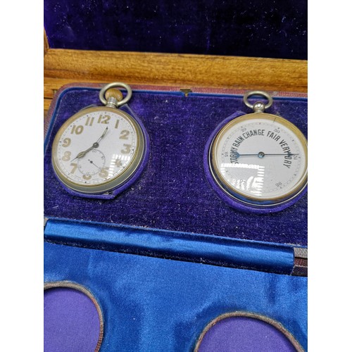 62 - Travelling clock/ pocket watch with barometer in fitted leather casing.