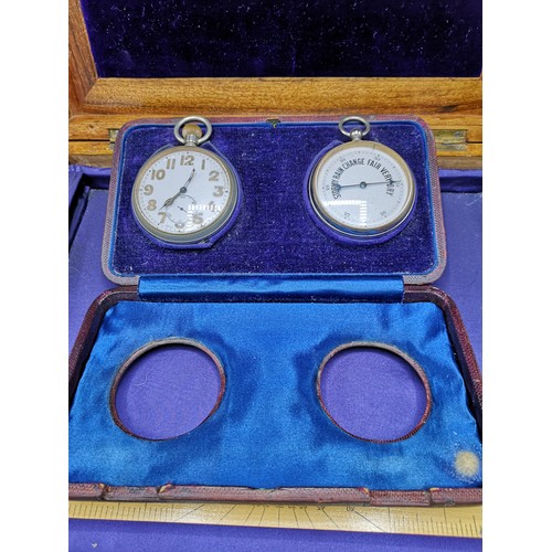 62 - Travelling clock/ pocket watch with barometer in fitted leather casing.