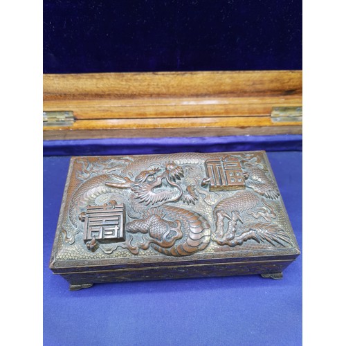 67a - Oriental bronze / brass box depicting dragon, storks to side.