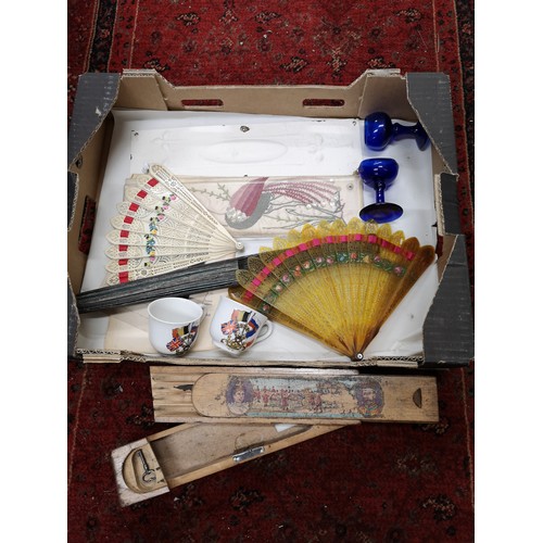 68 - Box of collectables to include  King George and Mary pencil wooden case with key Vintage Fans Bristo... 