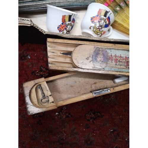 68 - Box of collectables to include  King George and Mary pencil wooden case with key Vintage Fans Bristo... 