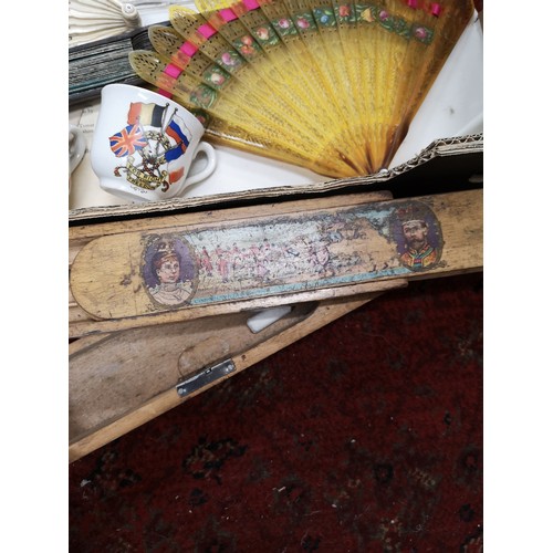 68 - Box of collectables to include  King George and Mary pencil wooden case with key Vintage Fans Bristo... 