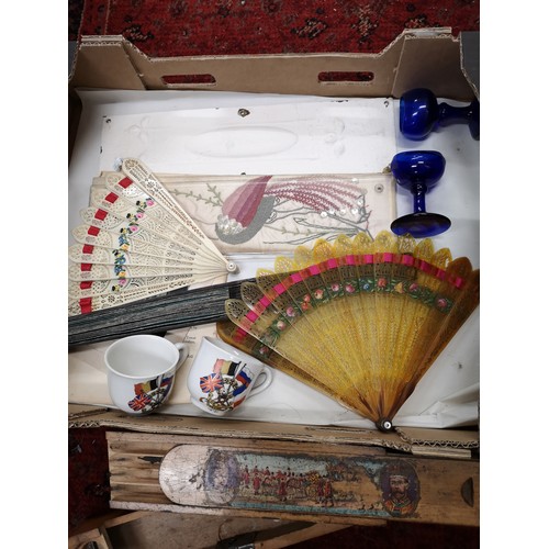 68 - Box of collectables to include  King George and Mary pencil wooden case with key Vintage Fans Bristo... 