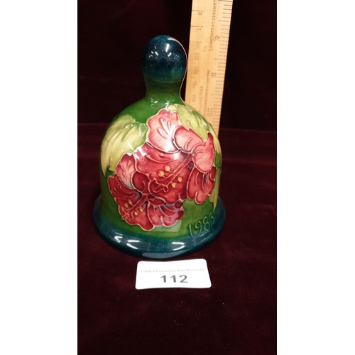 112 - Rare Moorcroft Hibiscus pattern Bell on Green Ground Signed W Moorcroft.