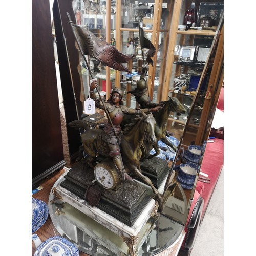 281 - Large early 1900s French cast metal clock with marble base Joan of arc.