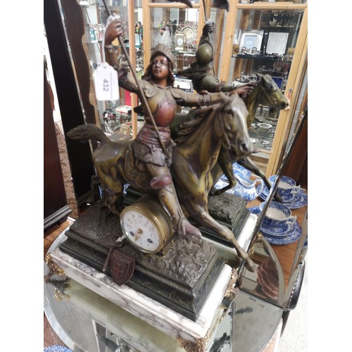 281 - Large early 1900s French cast metal clock with marble base Joan of arc.