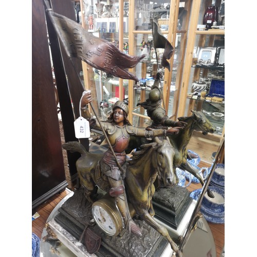 281 - Large early 1900s French cast metal clock with marble base Joan of arc.