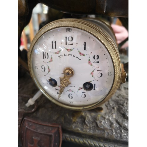 281 - Large early 1900s French cast metal clock with marble base Joan of arc.