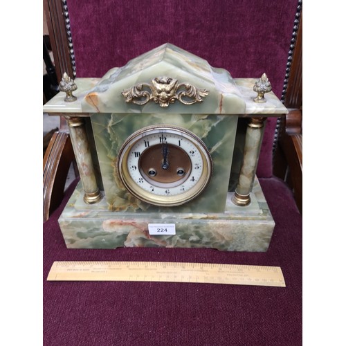 224 - Victorian Jappy Freyas heavy mantle clock with pendulum in working order